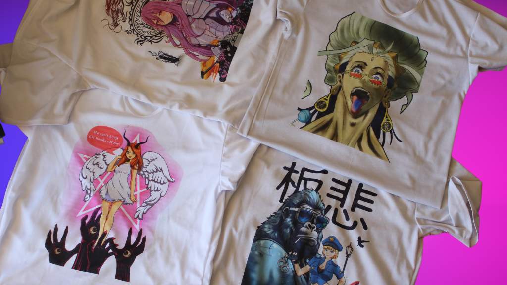 Beautiful anime t-shirts organised as a mosaic. 